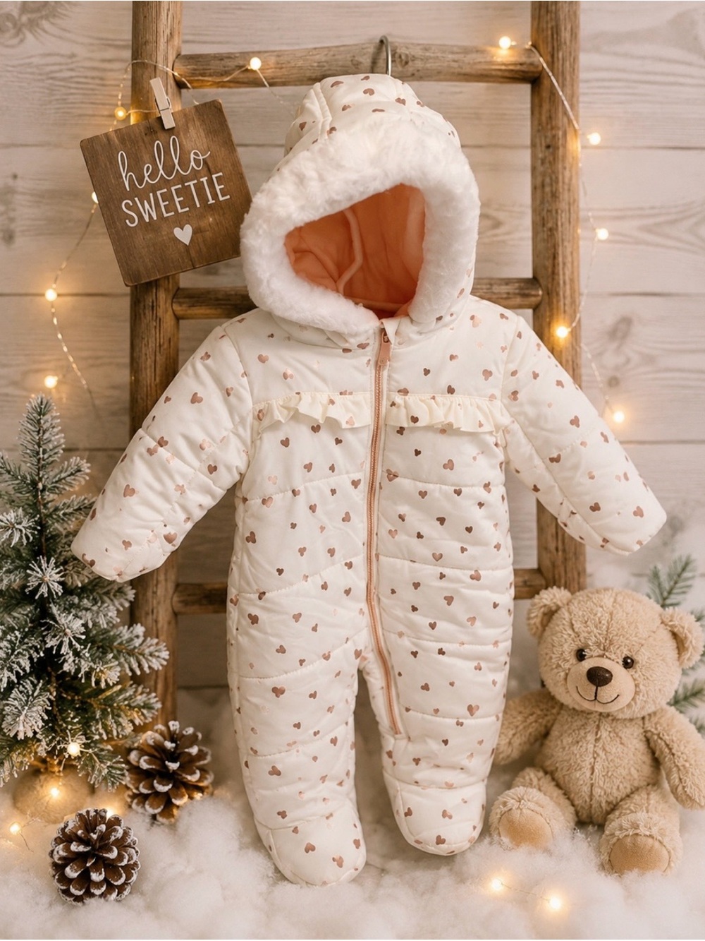 Kensie Girl Baby Girl Heart Print Hooded Snowsuit Bunting Cozy Winter